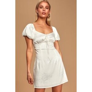 Lulus White Floral Jacquard Puff Sleeve Sweetheart Neckline Mini Dress Size L